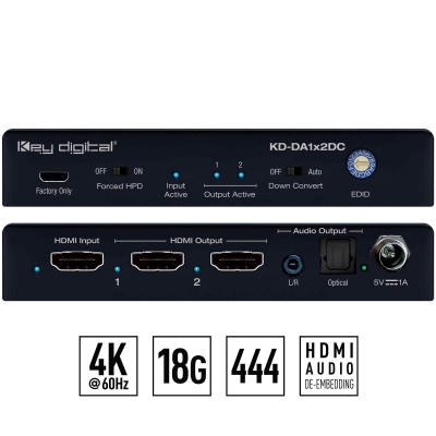 Key Digital 1x2 4K 18G HDMI Distribution Amplifier with Audio De-Embed, 4K to 1080p Down-Convert