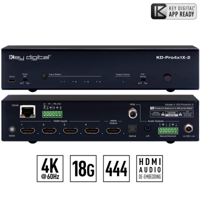 Key Digital 4x1 4K/18G HDMI Switcher with De-Embedded Audio Output (Optical/Balanced Audio) and IP Control 
