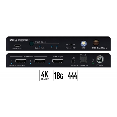 Key Digital 2x1 4K/18G HDMI Switcher with L/R & Optical Audio De-Embed Output (pieza)